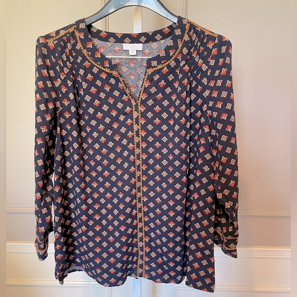 J. Jill Navy Embroidered detail Medium Argyle Diamond Peasant Boho Blouse Shirt
